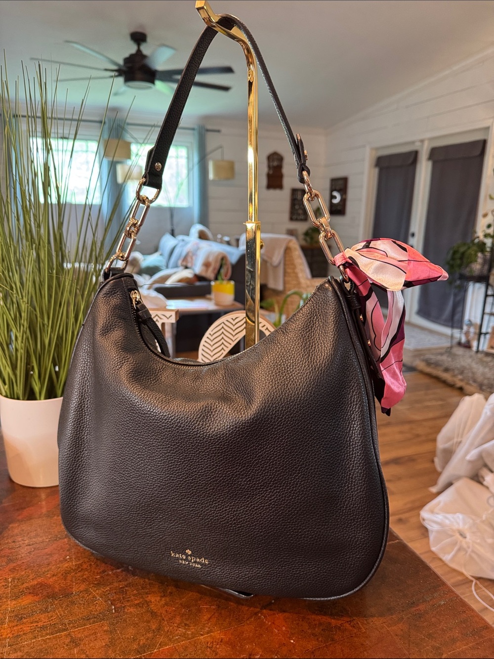 kate spade Black Pebbled Leather Shoulder Bag with Pink Scarf Accent
